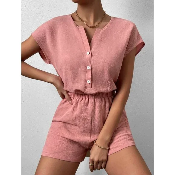 Coral Pink Boho Womens Button Front Batwing Sleeve Half Button Romper - Picture 5 of 7